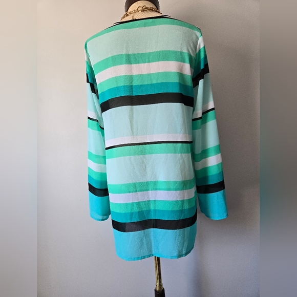 Michael Kors Semi Sheer Green, White And Black Striped Tunic Blouse. Size Small - Picture 7 of 13